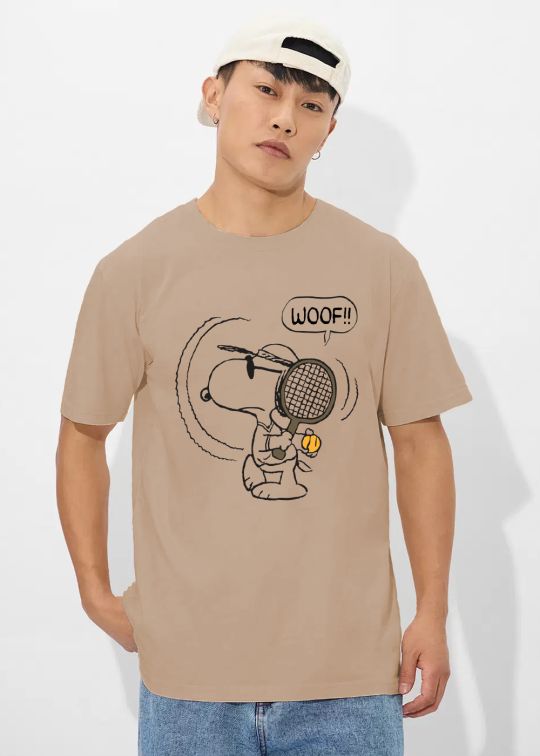 Woof Snoopy Beige Half Sleeve T-Shirt For Men