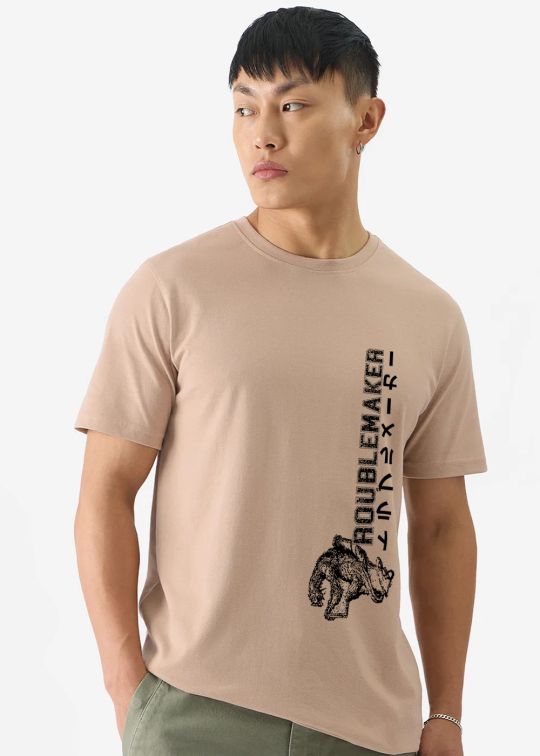Trouble Maker Beige Half Sleeve T-Shirt For Men