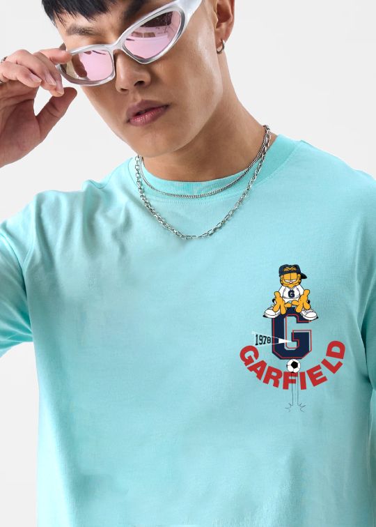 Garfield Pocket Printed Aqua Half Sleeve T-Shirt For Men