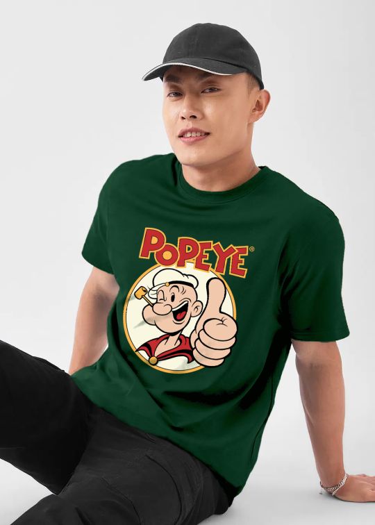 Popeye Bottle Green Half Sleeve T-Shirt For Men