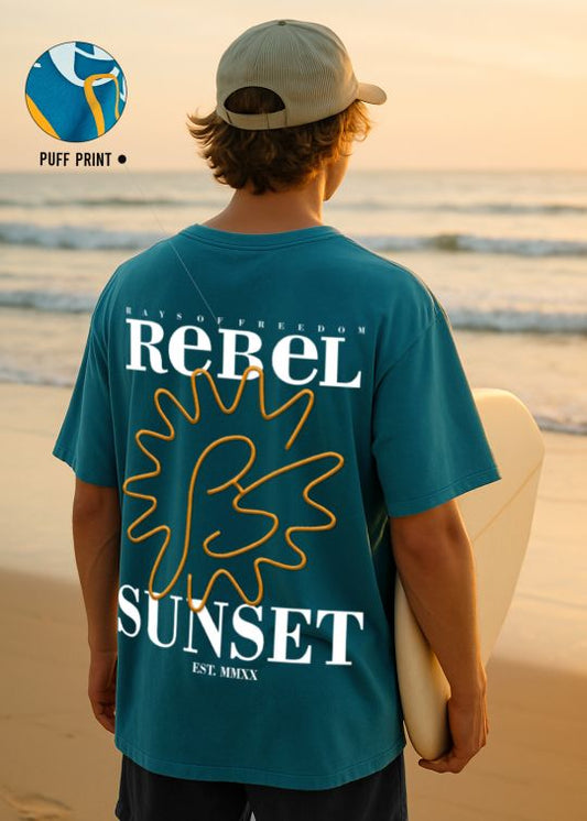 Rebel Sunset Teal Blue Oversized T-shirt For Men