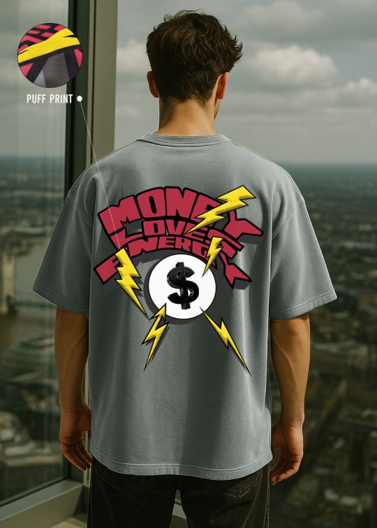 Money Over Energy Premium Ultimate Grey Puff Oversized T-shirt For Men