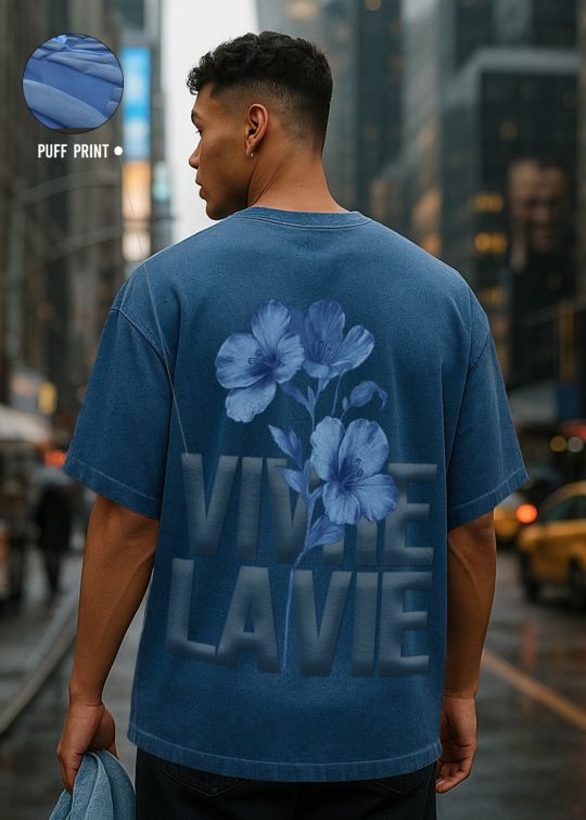 Floral Vivre La Vie Denim Blue Premium Oversized T-shirt For Men