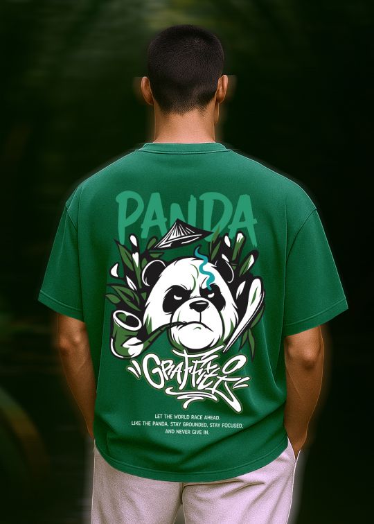 Panda Graffiti Premium Emerald Green Oversized T-shirt For Men