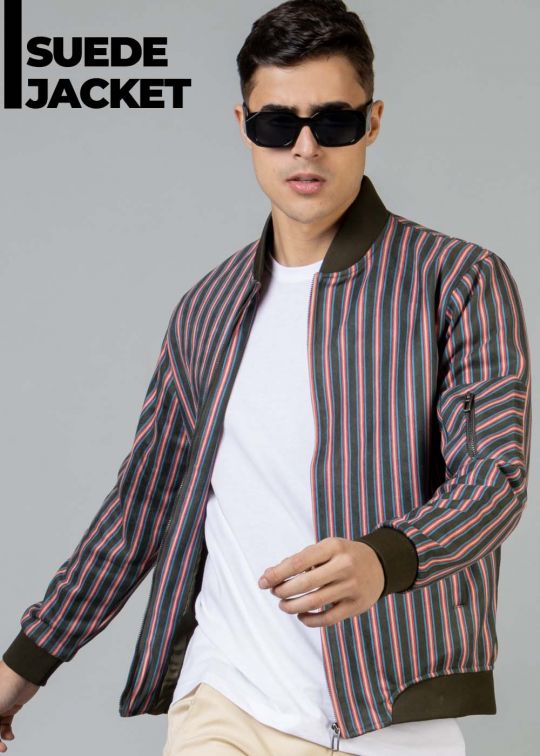 Navy Olive Striped Bomber Jacket For Men