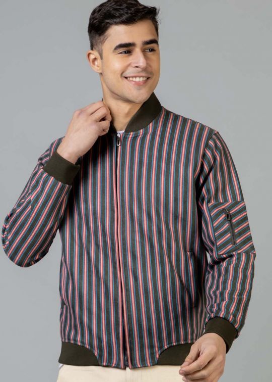 Navy Olive Striped Bomber Jacket For Men