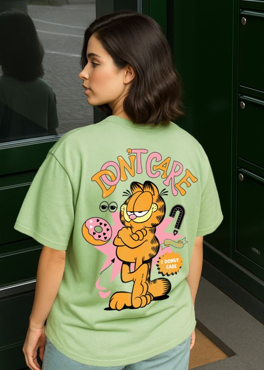 Don't Care Garfield Sea Green Oversized T-shirt For Women