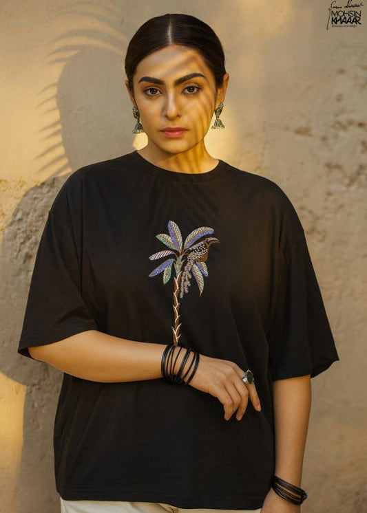 Palm Tree Printed Black Oversized T-shirt For Women