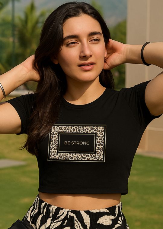 Be Strong Black Crop Half Sleeve T-shirt For Women