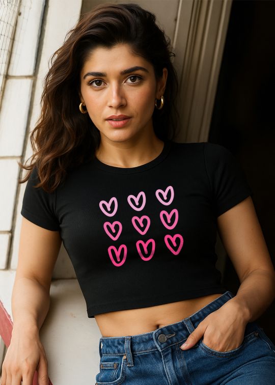 Hearts Trio Black Crop Half Sleeve T-shirt For Women