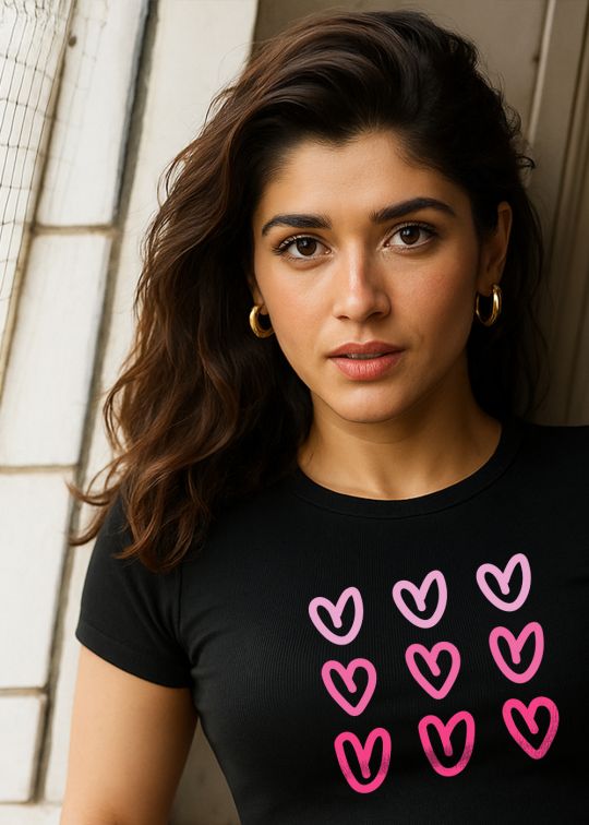Hearts Trio Black Crop Half Sleeve T-shirt For Women