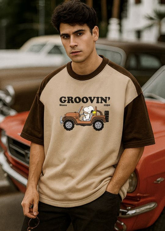 Groovin Snoopy Beige Color Block Oversized T-shirt For Men