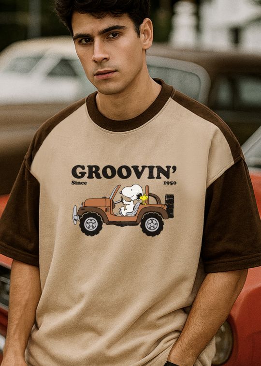 Groovin Snoopy Beige Color Block Oversized T-shirt For Men