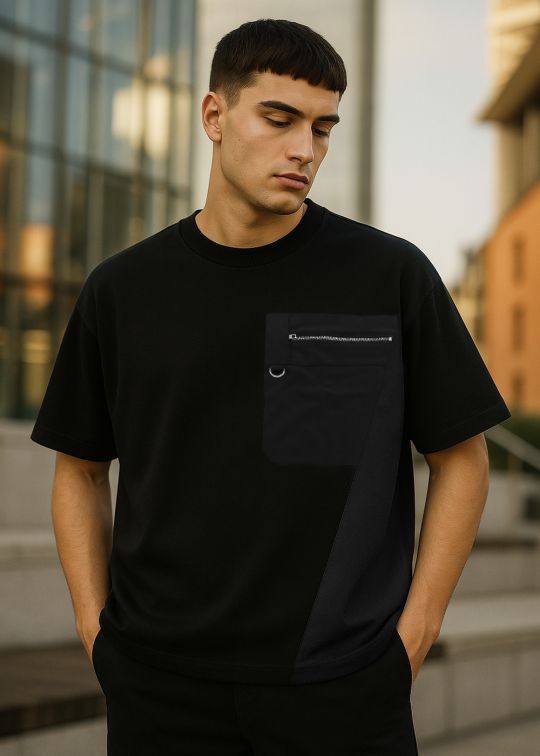 Men's Black Oversized T-Shirt with Zipper Pocket & Metal Ring
