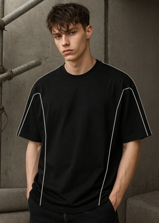 Men's Black Oversized T-Shirt with White Contrast Piping Detail