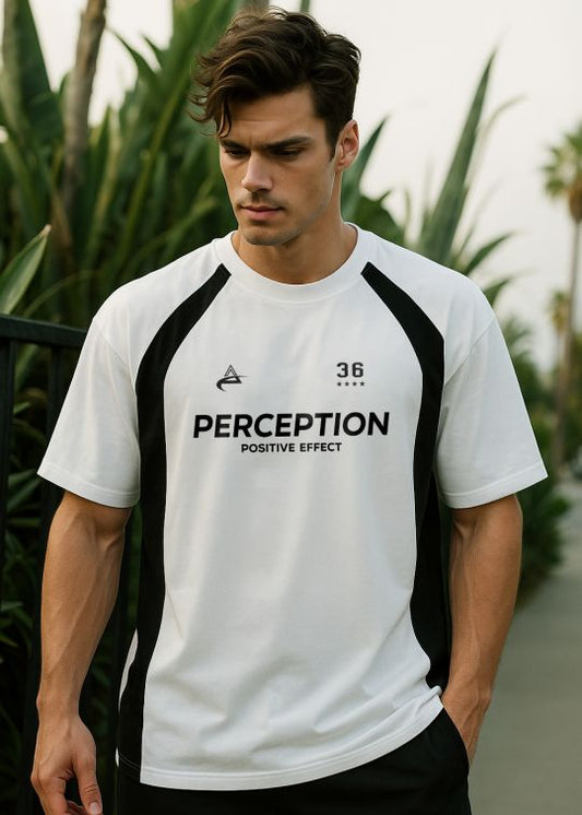 Perception 36 Off White With Black Paneled Oversized T-shirt For Men