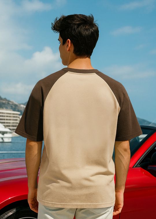 Motorsport Beige & Brown Raglan Sleeve Oversized T-shirt For Men