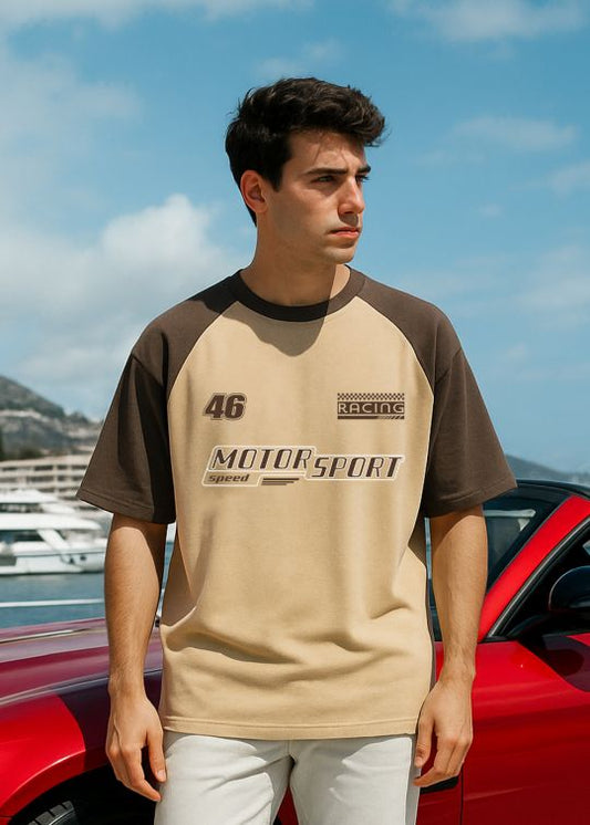 Motorsport Beige & Brown Raglan Sleeve Oversized T-shirt For Men