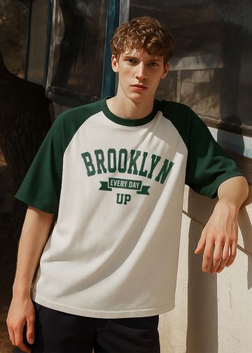 Brooklyn Printed Off White & B Green Raglan Sleeve Oversized T-shirt For Men