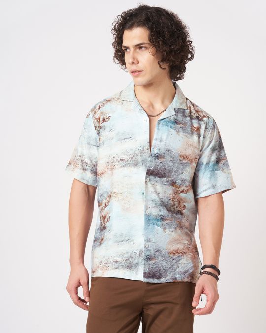 Men Blue Abstract Stone Texture Printed Casual Shirt