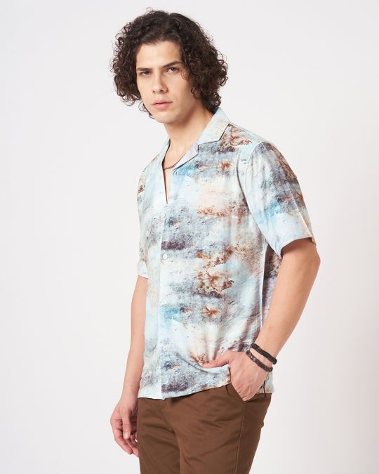 Men Blue Abstract Stone Texture Printed Casual Shirt