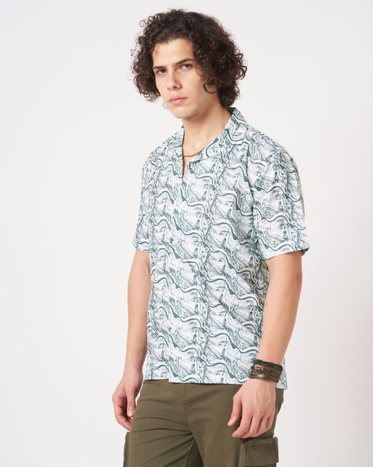 Men Green Printed Cuban Collar Shirt