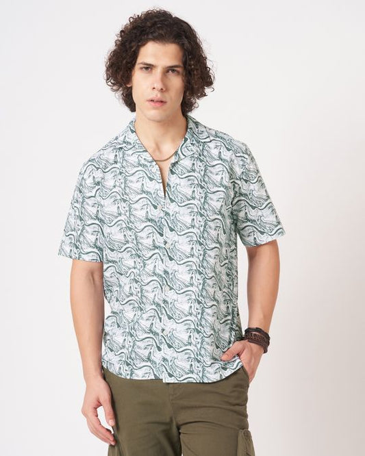 Men Green Printed Cuban Collar Shirt