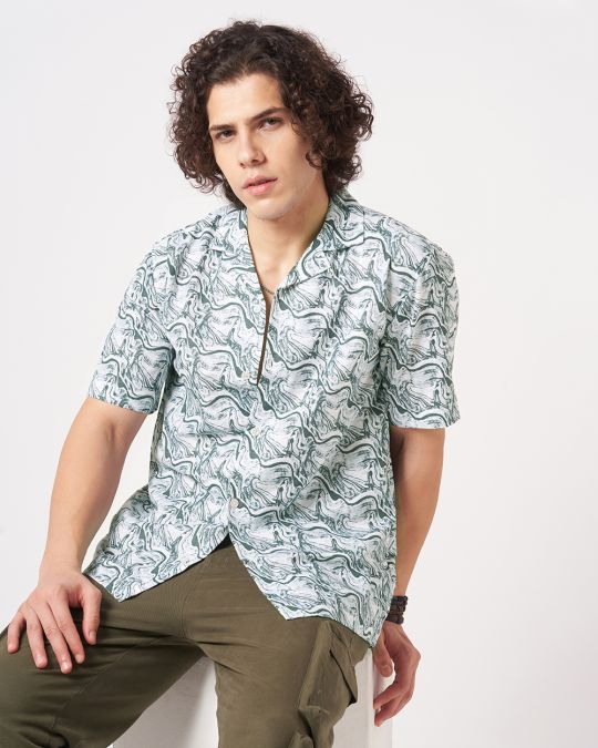 Men Green Printed Cuban Collar Shirt