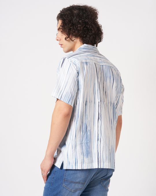 Men Blue Abstract Ink Stripe Printed Casual Shirt
