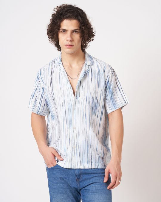 Men Blue Abstract Ink Stripe Printed Casual Shirt
