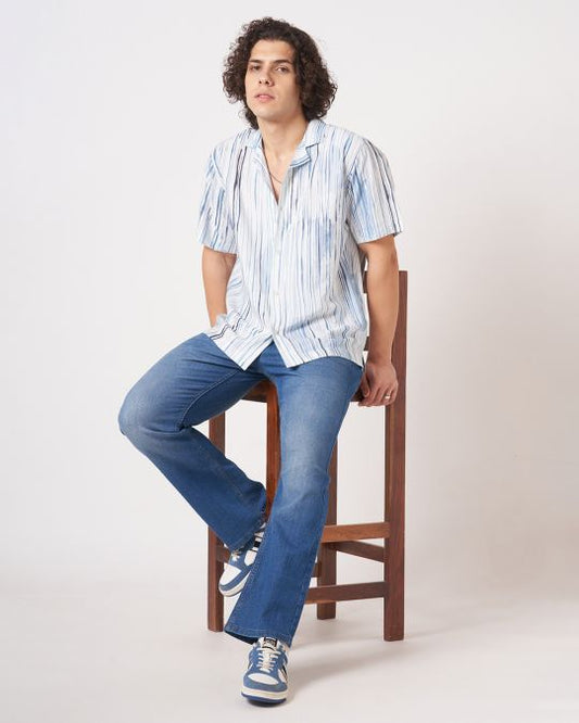 Men Blue Abstract Ink Stripe Printed Casual Shirt