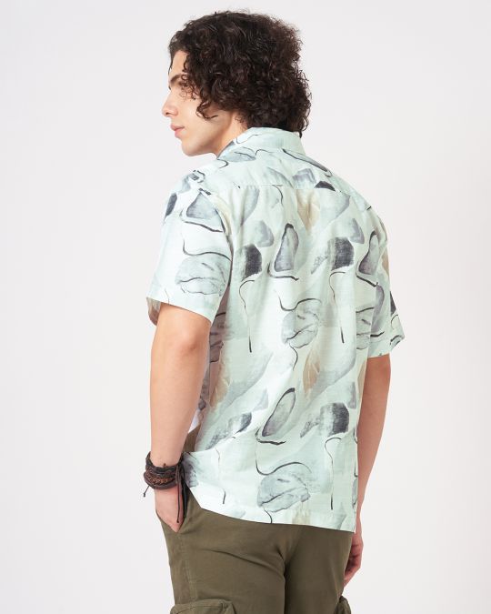 Men White beige Watercolor ink Printed Short Sleeve Shirt