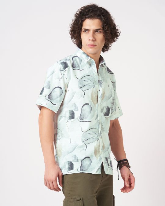 Men White beige Watercolor ink Printed Short Sleeve Shirt