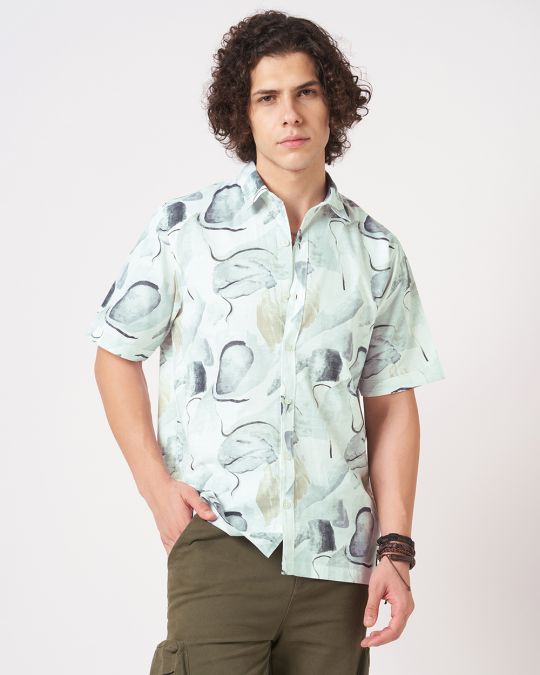 Men White beige Watercolor ink Printed Short Sleeve Shirt
