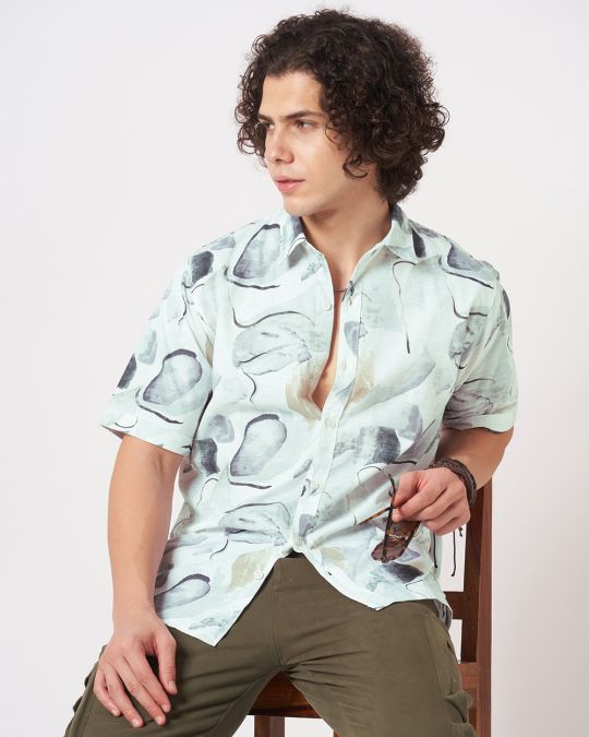 Men White beige Watercolor ink Printed Short Sleeve Shirt