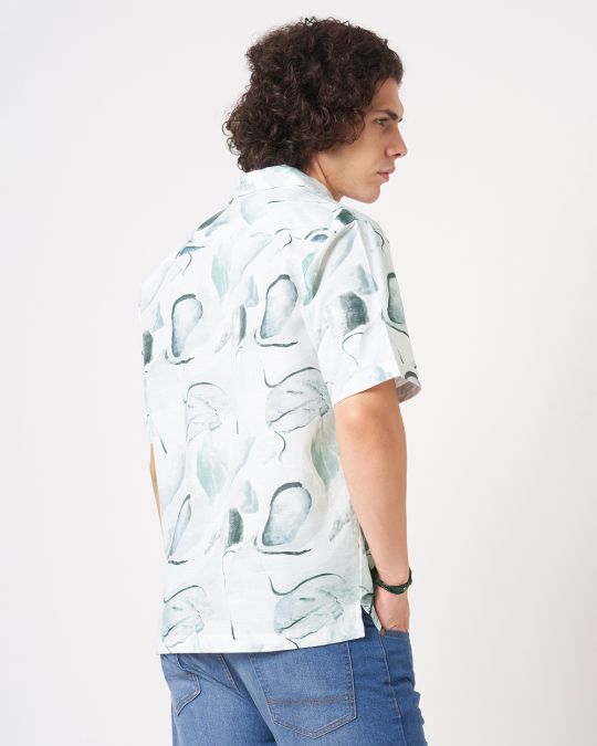 Men White Green Watercolor ink Printed Short Sleeve Shirt