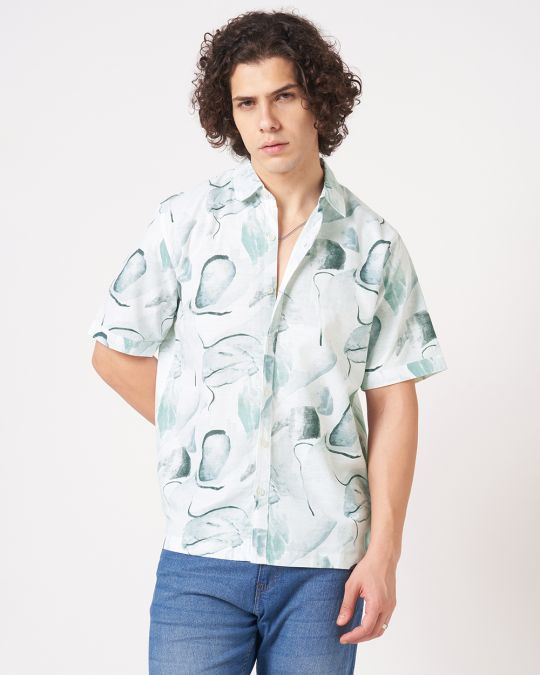 Men White Green Watercolor ink Printed Short Sleeve Shirt