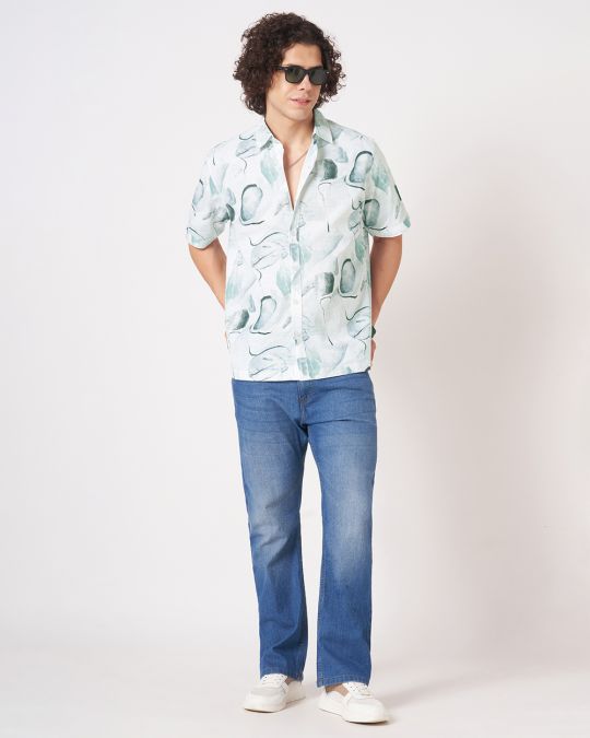 Men White Green Watercolor ink Printed Short Sleeve Shirt
