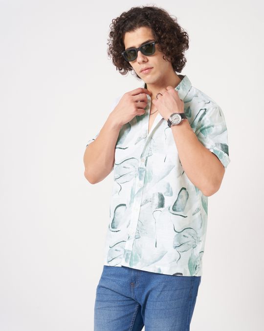 Men White Green Watercolor ink Printed Short Sleeve Shirt