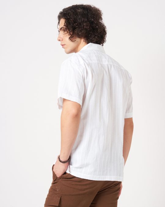 Men White Crinkle Textured Short Sleeve Shirt