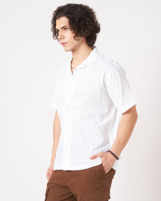 Men White Crinkle Textured Short Sleeve Shirt