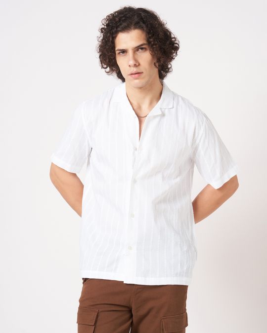 Men White Crinkle Textured Short Sleeve Shirt