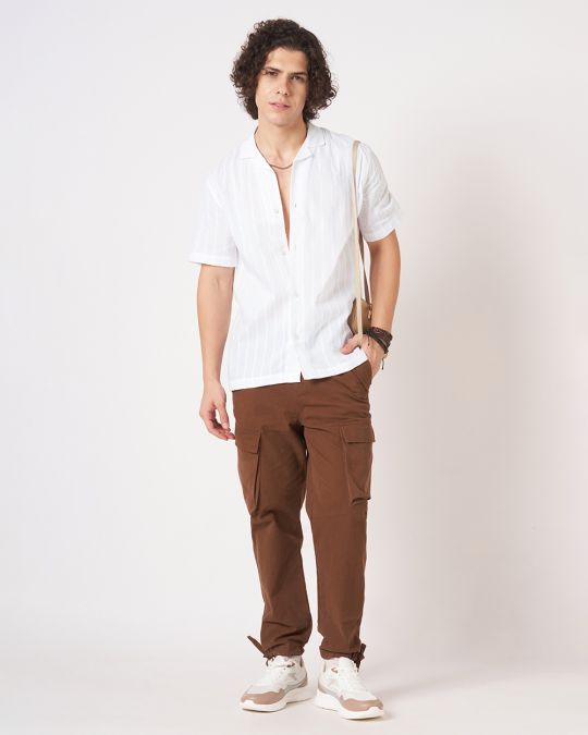 Men White Crinkle Textured Short Sleeve Shirt