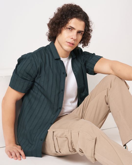 Men Navy Crinkle Textured Short Sleeve Shirt