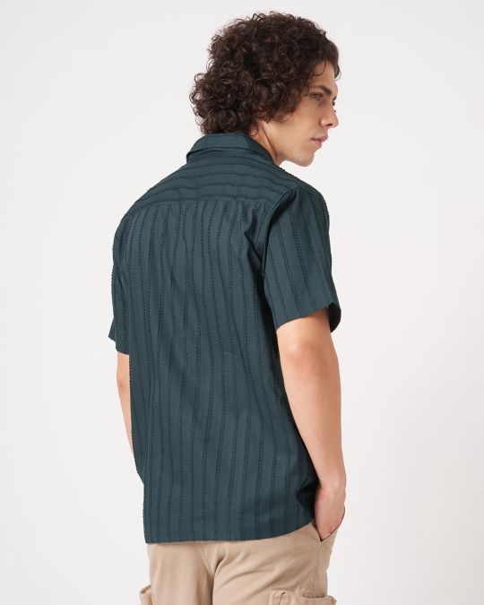 Men Navy Crinkle Textured Short Sleeve Shirt