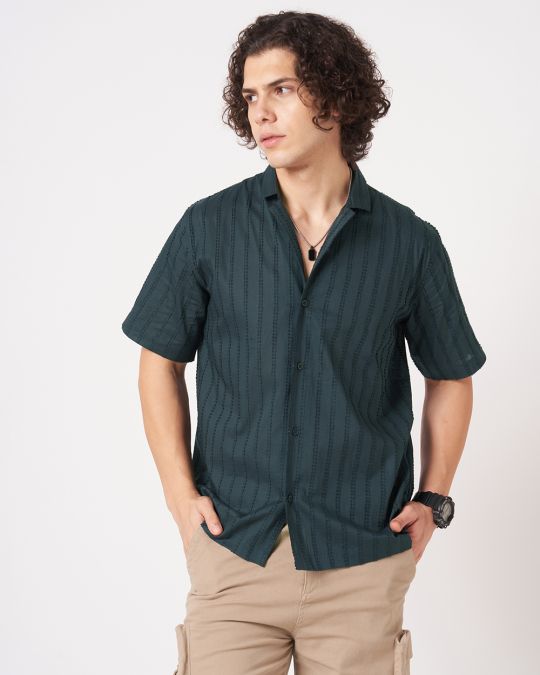 Men Navy Crinkle Textured Short Sleeve Shirt