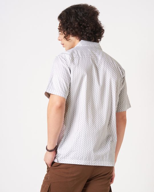 Men Pink White Geometric Print Short Sleeve Casual Shirt