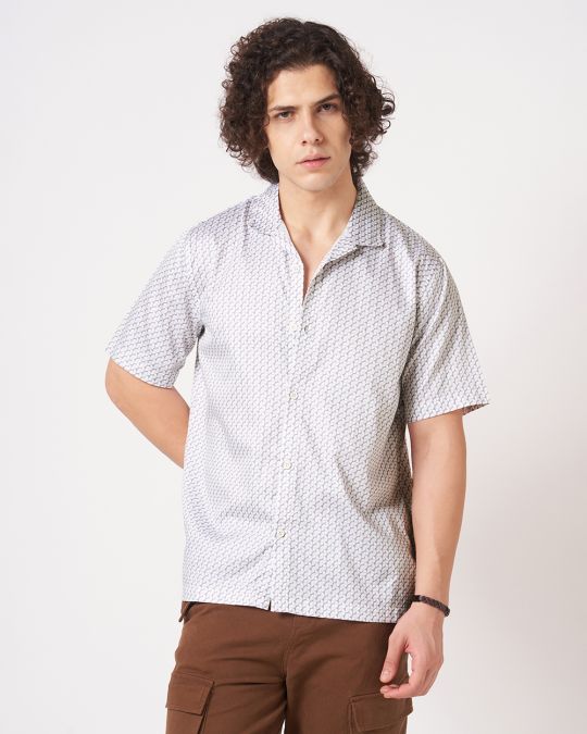 Men Pink White Geometric Print Short Sleeve Casual Shirt