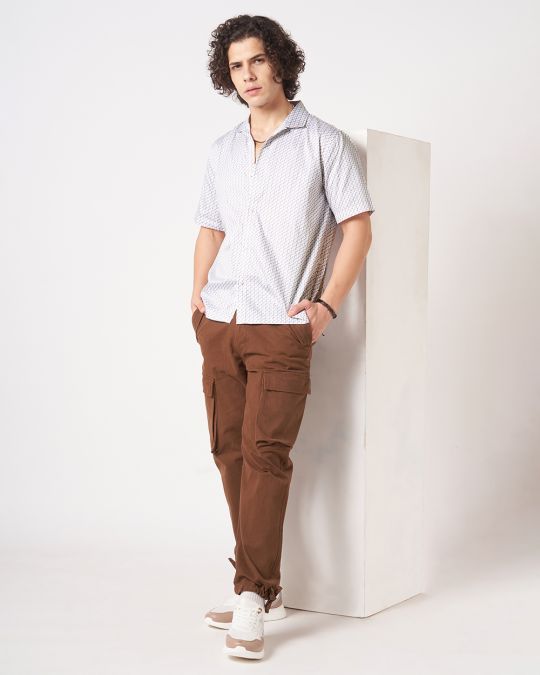 Men Pink White Geometric Print Short Sleeve Casual Shirt