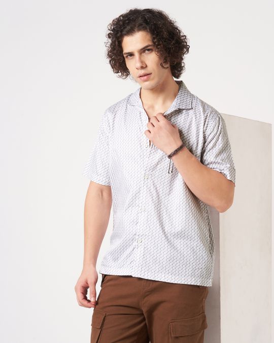 Men Pink White Geometric Print Short Sleeve Casual Shirt